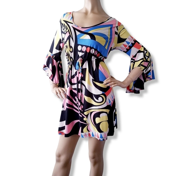 Black, Pink, Yellow & Blue Retro Mod Inspired Bell Sleeve Tie Waist Dress - Picture 3 of 8